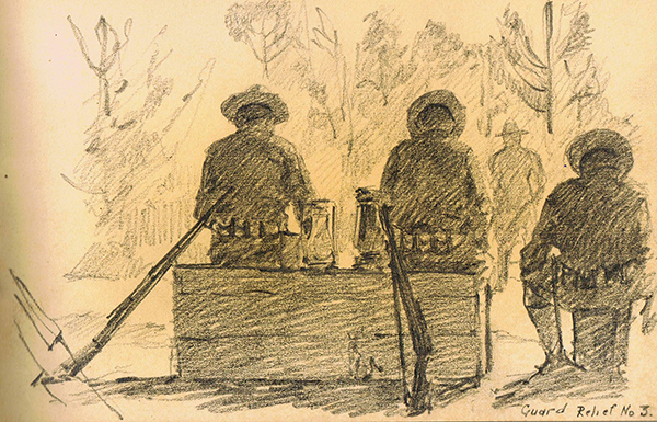 Rear view of three doughboys sitting with their rifles, waiting to go on guard duty
