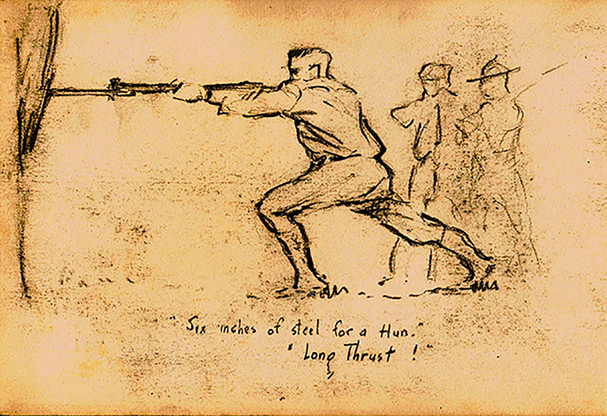 "Six inches of steel for a Hun, Long Thrust"  Soldier thrusting bayonet into dummy