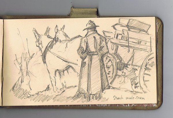 Doughboy in trench coat looking at two mules and wagon stuck in the mud