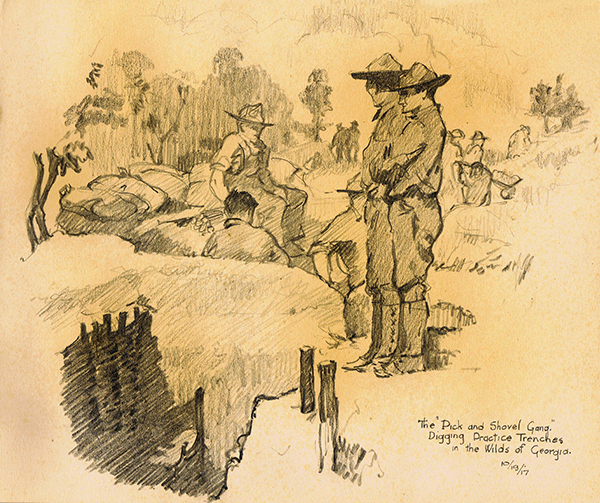 Two officers stand overlooking soldiers digging a practice World War One Trench