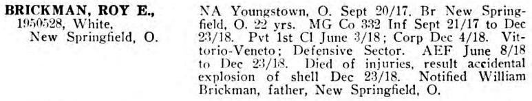 BRICKMAN 332 OHIO SOLDIERS V2 died of injuries Dec 1918