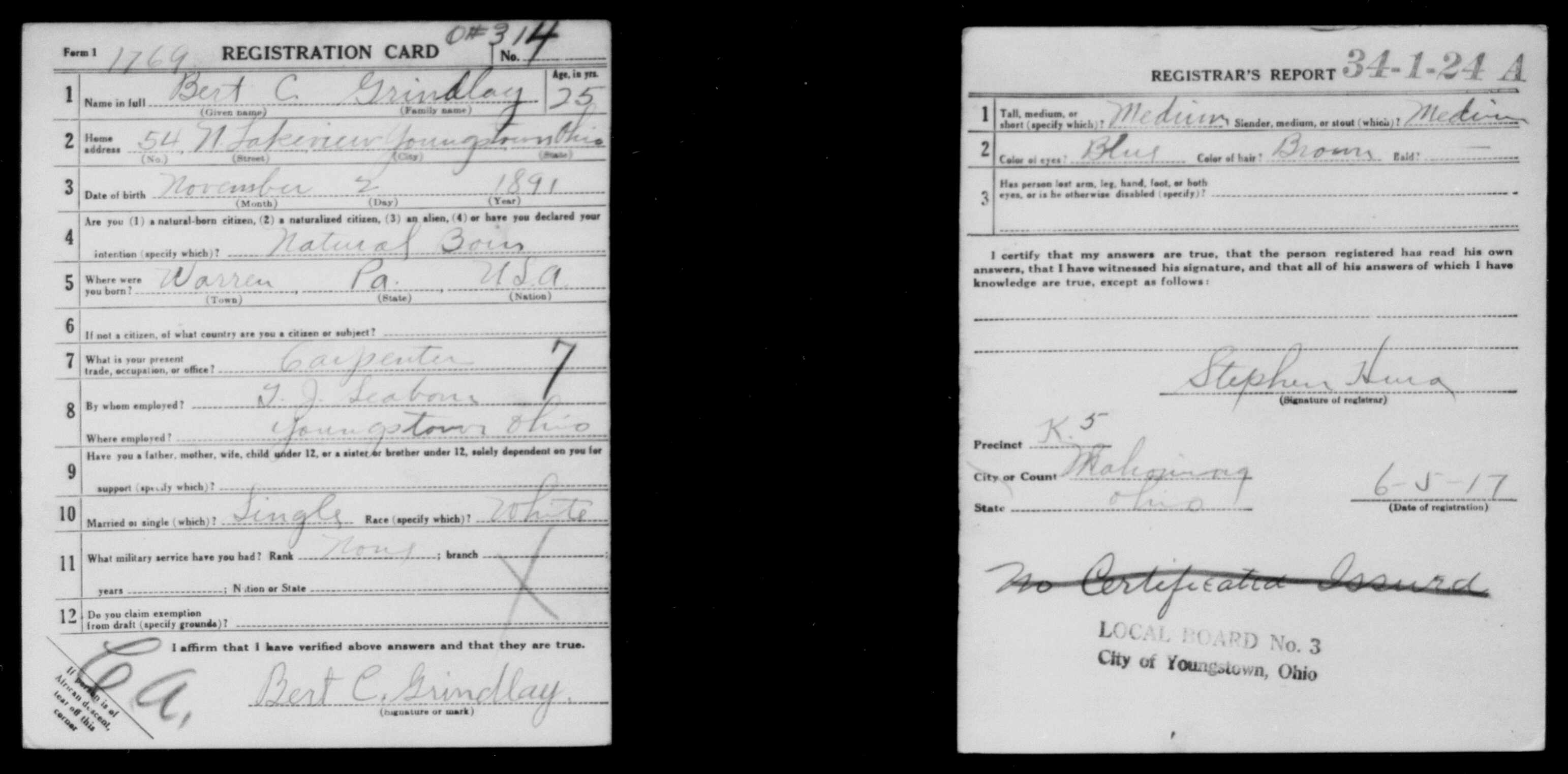 grindlay BERT died of injuries Dec 1918
