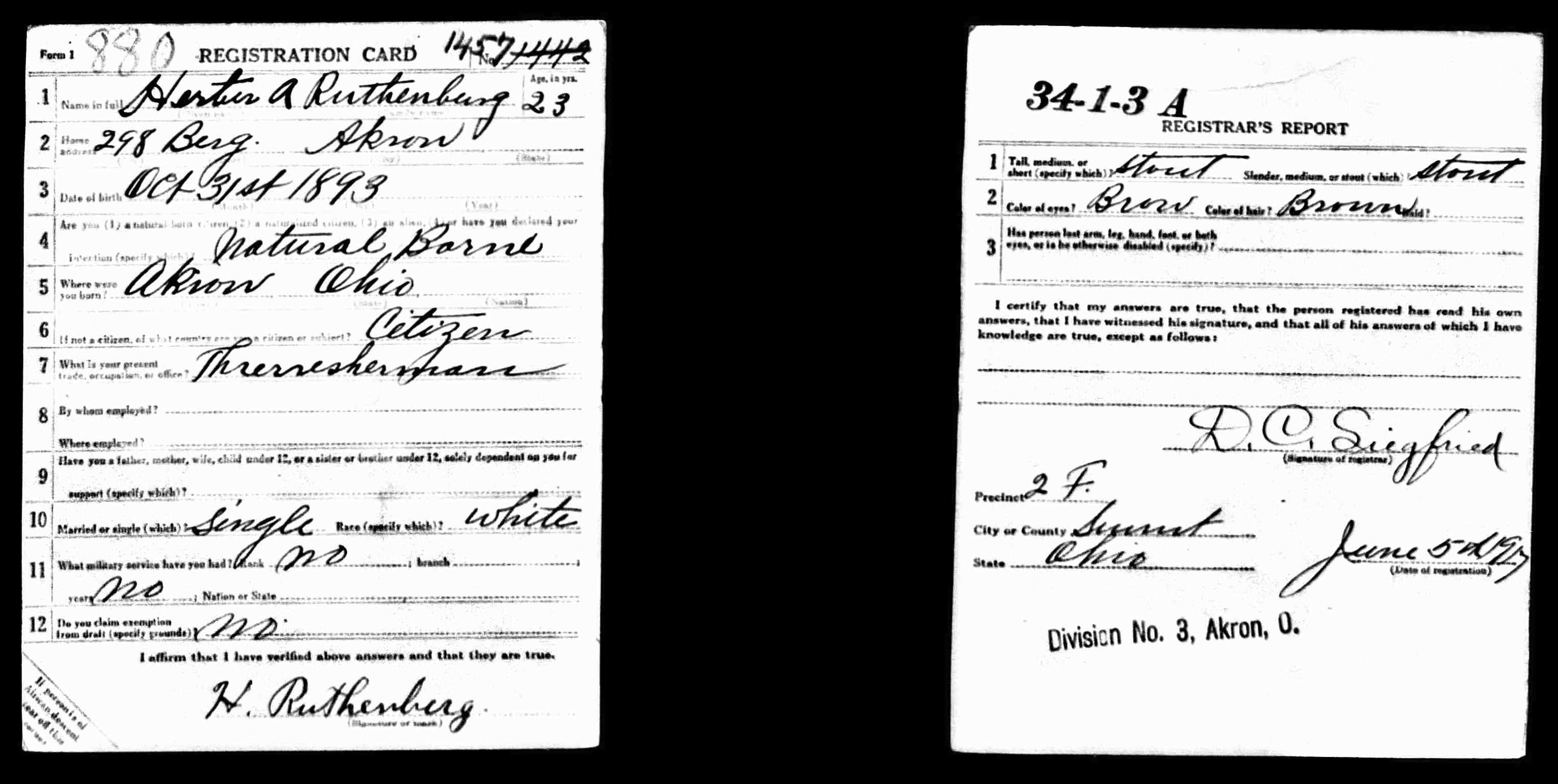 RUTHENBERG Herbert WWI Draft Registration June 5 1917