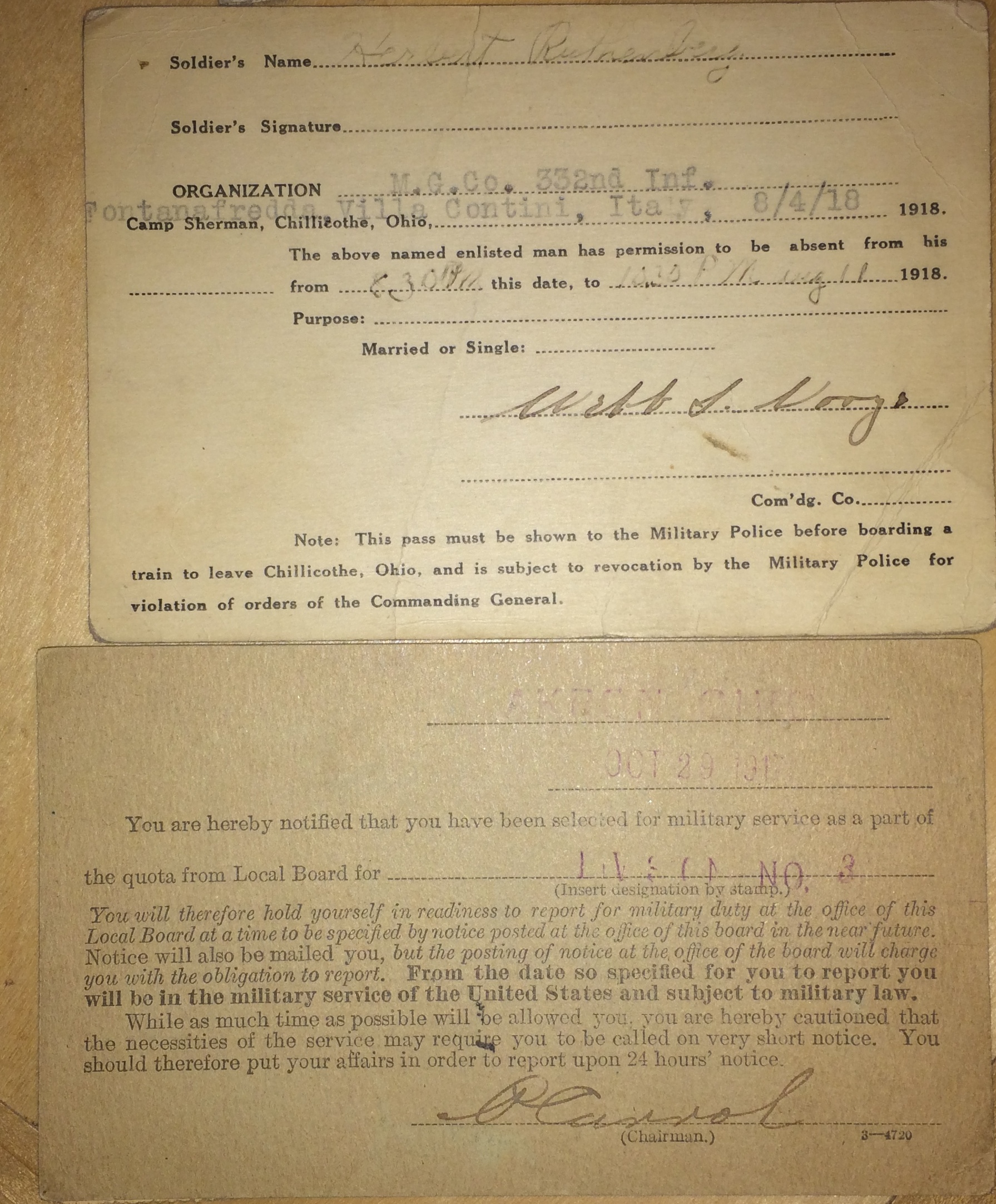 RUTHENBERG Herbert day pass Italy Aug4 1918