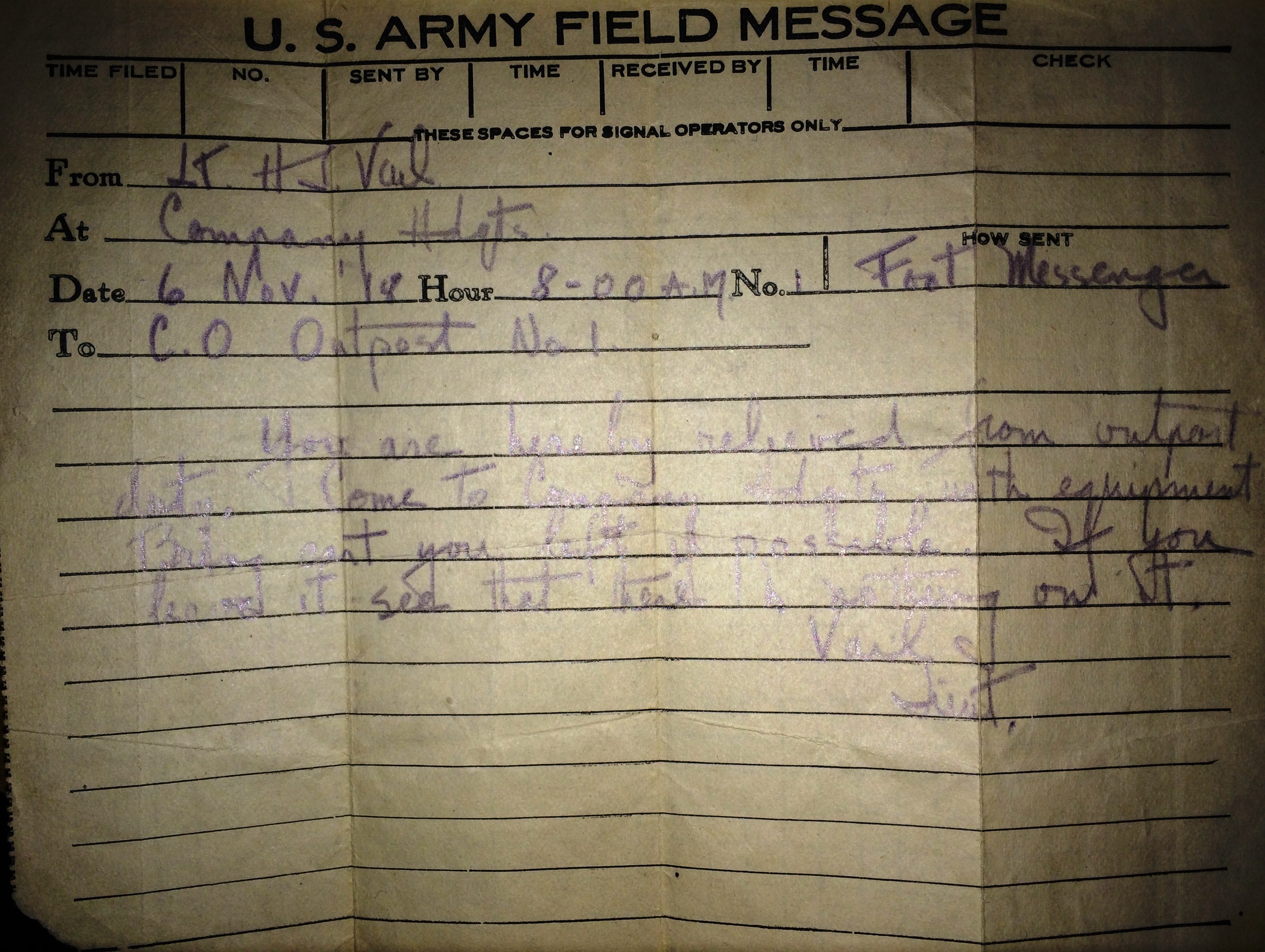 RUTHENBERG Herbert-FIELD MESSAGE 6NOV1918 RUTHENBERG Herbert-FIELD MESSAGE 6NOV1918