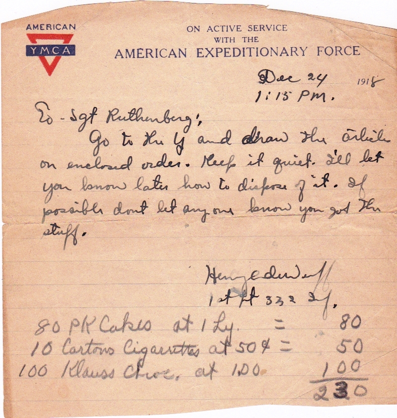 RUTHENBERG Herbert-MG Co, 332nd Inf-note 24Dec1918
