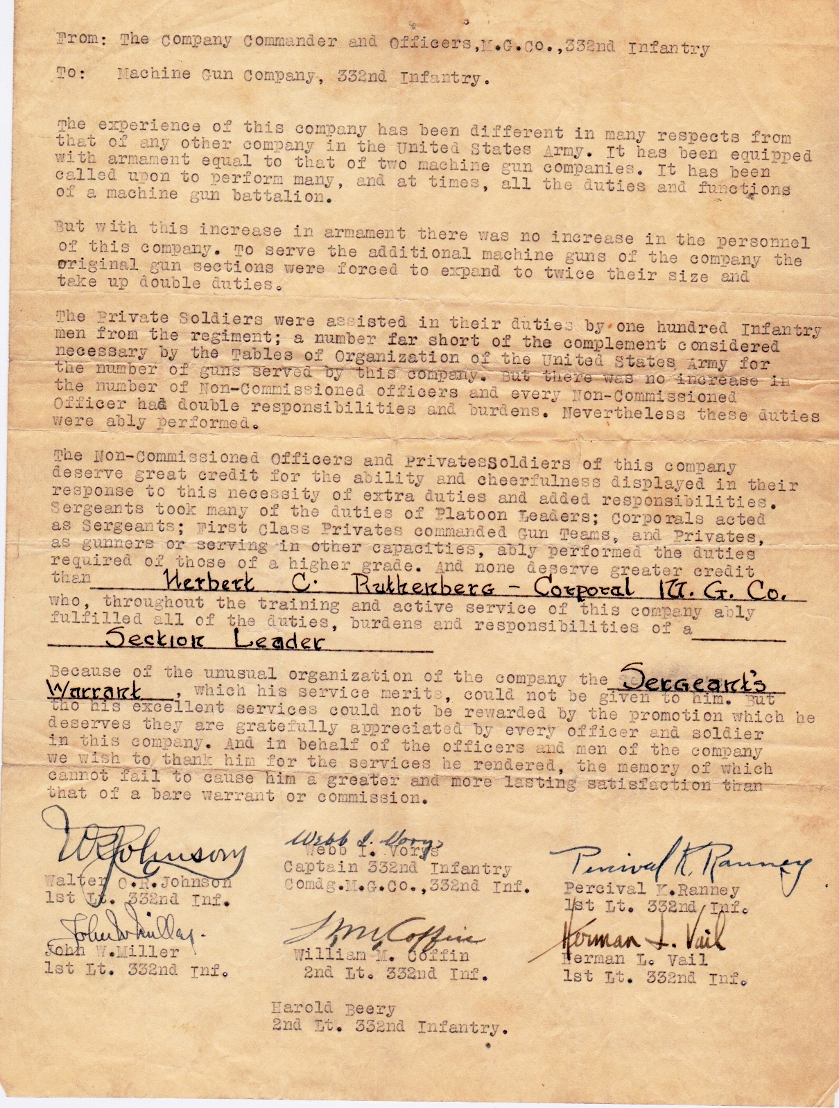 RUTHENBERG Herbert-MG Co, 332nd Inf-Company Citation / Commendation RUTHENBERG Herbert-MG Co, 332nd Inf-Company Citation / Commendation