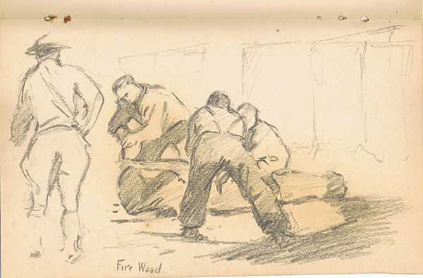 Soldiers cutting firewood with a two-man saw while an officer looks on