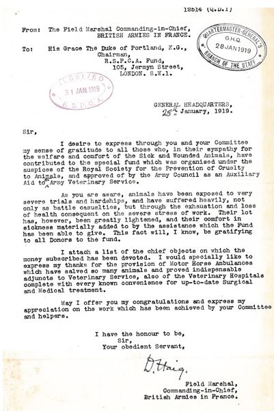 Douglas Haig ltr RSPCA donations 1920 page 1