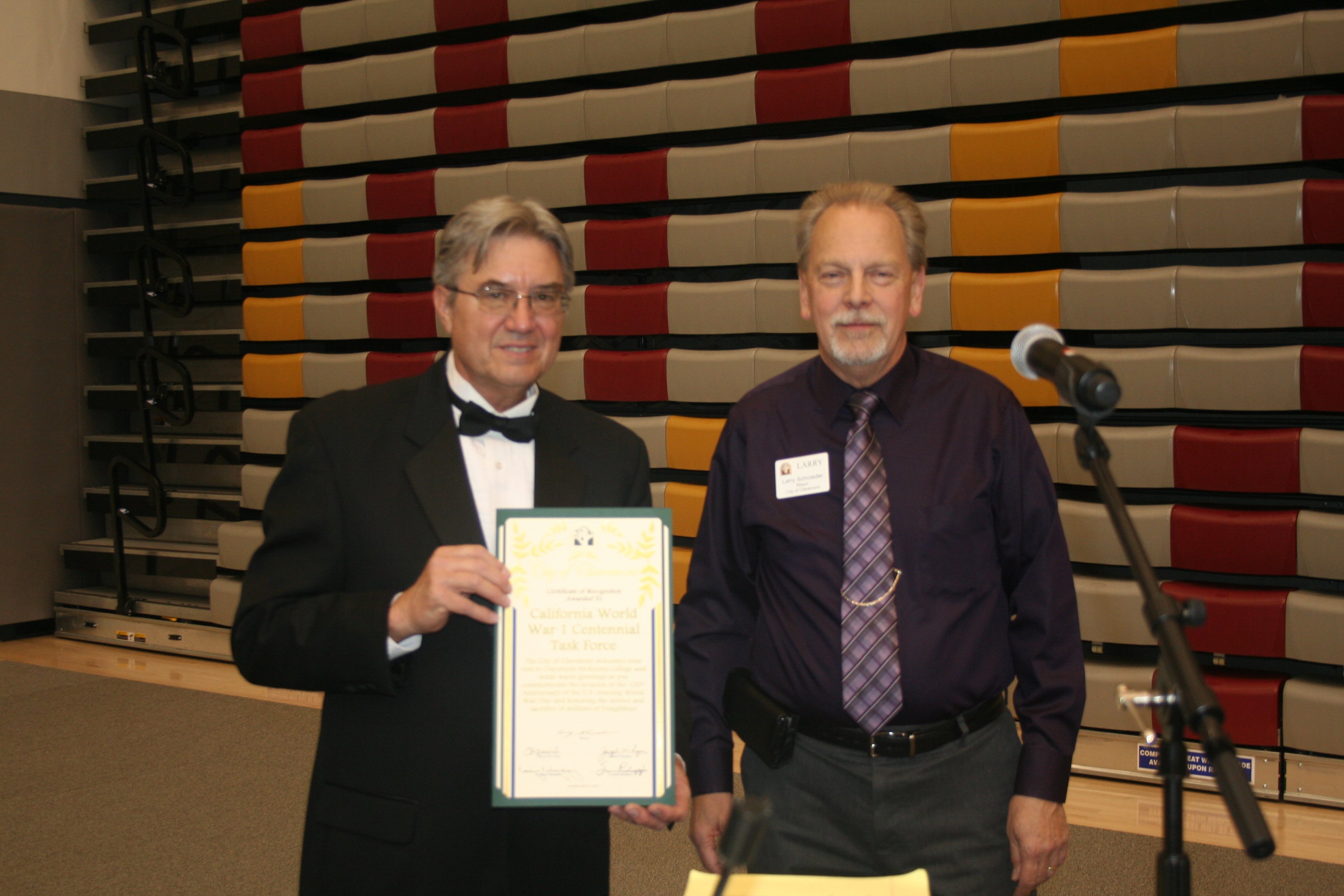 MC Bill Betten Accepts Cert of Rec Form Clarmont MayorLarry Schroder