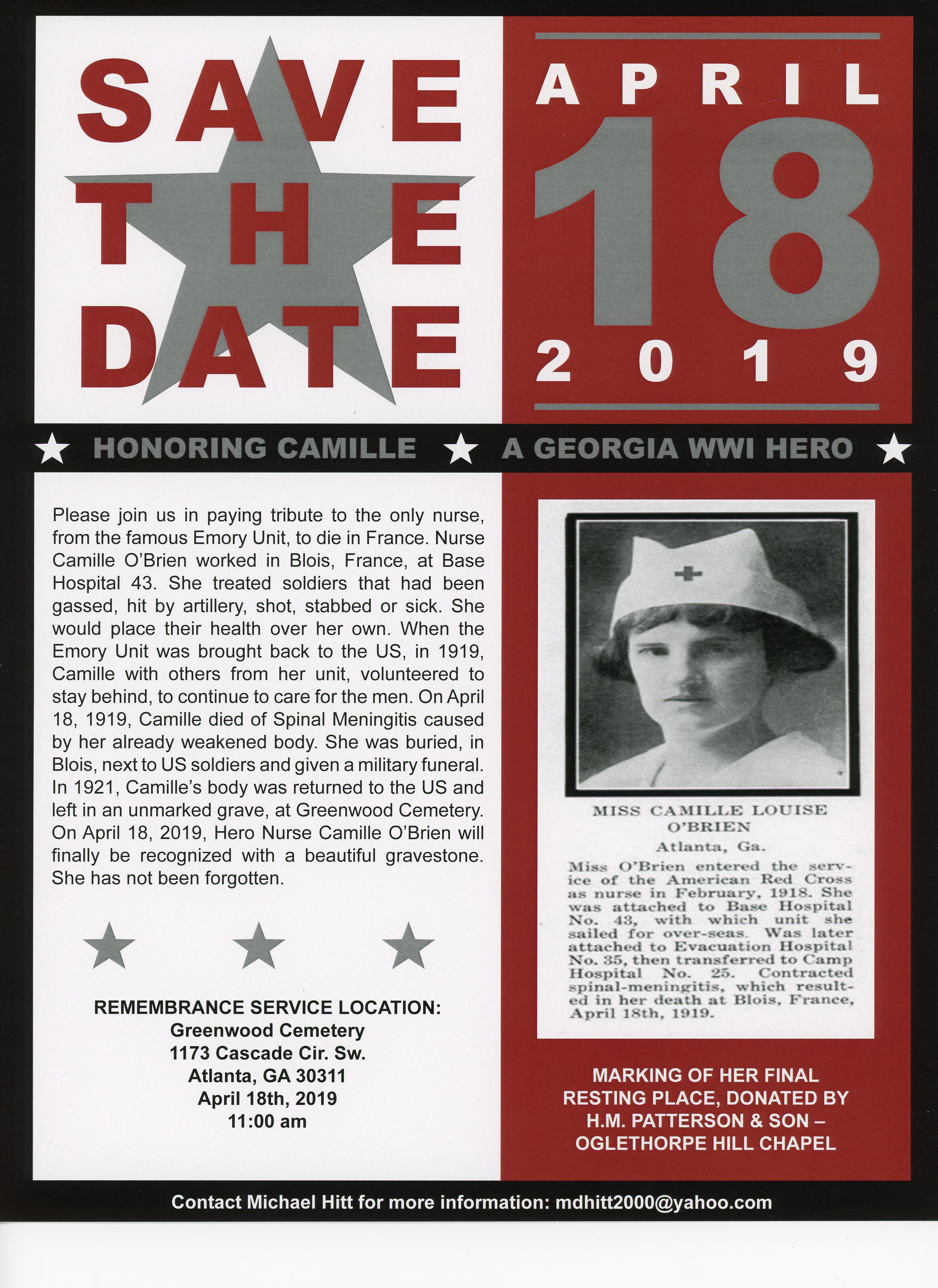 Save the Date poster of the Camille O'Brien ceremony