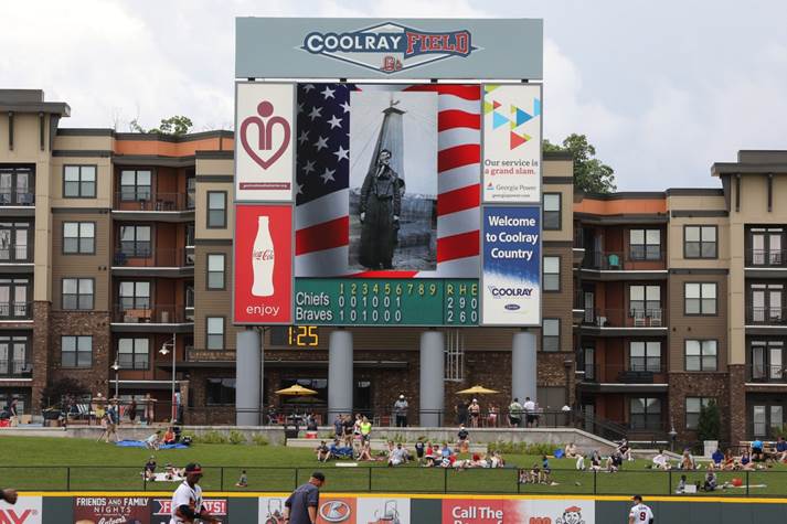 Photograph of CoolRay Field giant screen with picture of World War 1 soldier