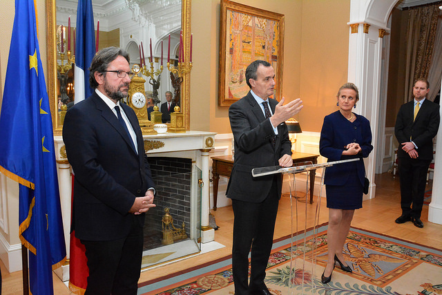 France's Ambassador to the United States, Gérard Araud, speaks at the podium