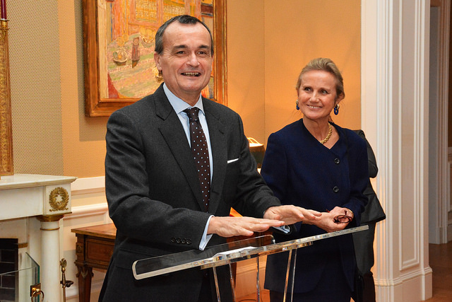 France's Ambassador to the United States, Gérard Araud, speaks at the podium next to Commissioner Monique Seefried