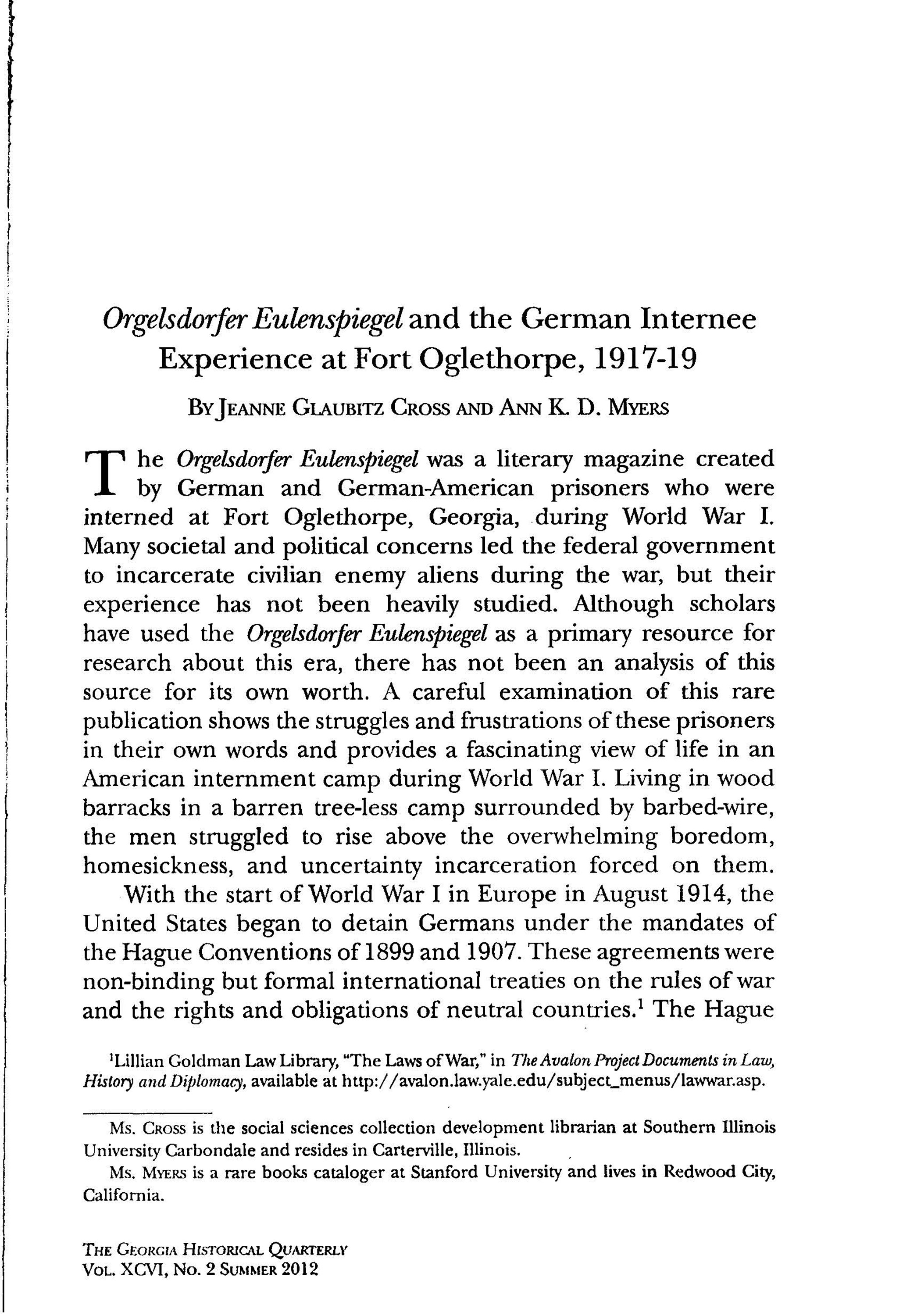 GHQ Cross Myers Orgelsdorfer Eulenspiegel and the German Internee Experience at Fort Oglethrope 1917 19 Page 01