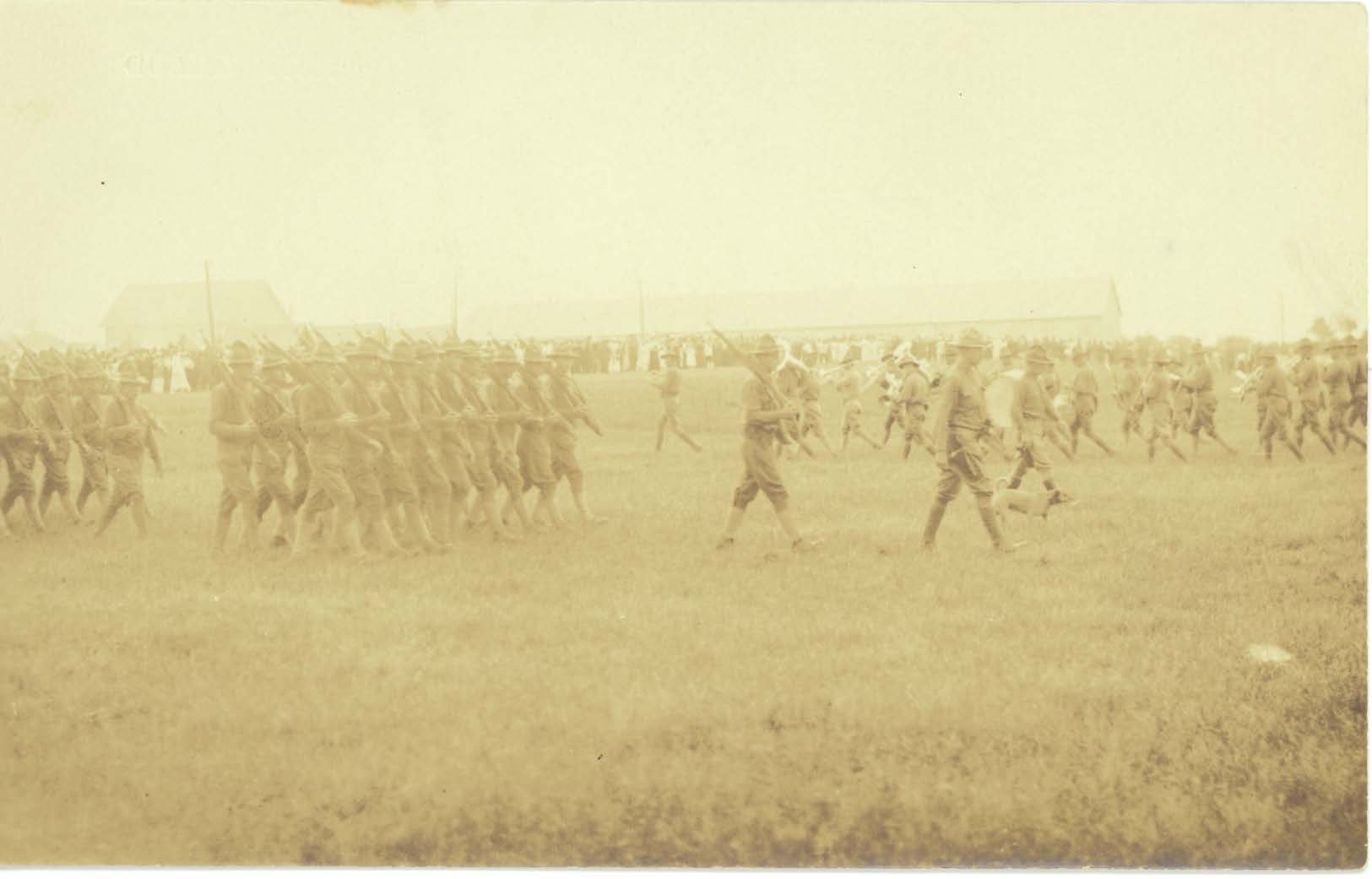 Troops and band of the 2nd Maine Infantry on parade at Camp Keyes, Augusta, Me., 1917