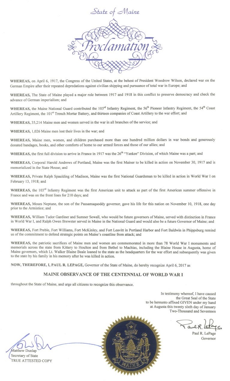 Proclamation of Maine Observance of the Centennial of World War I