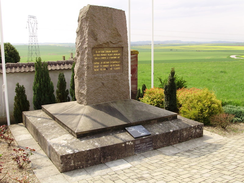The memorial erected near Bathelemont in honor of the first three Americans to fall in World War I.