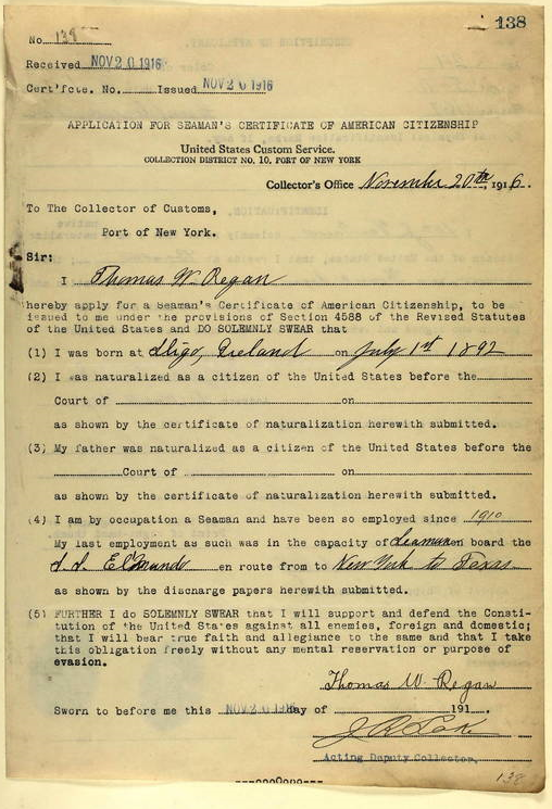 Thomas W. Regan Seaman s Application