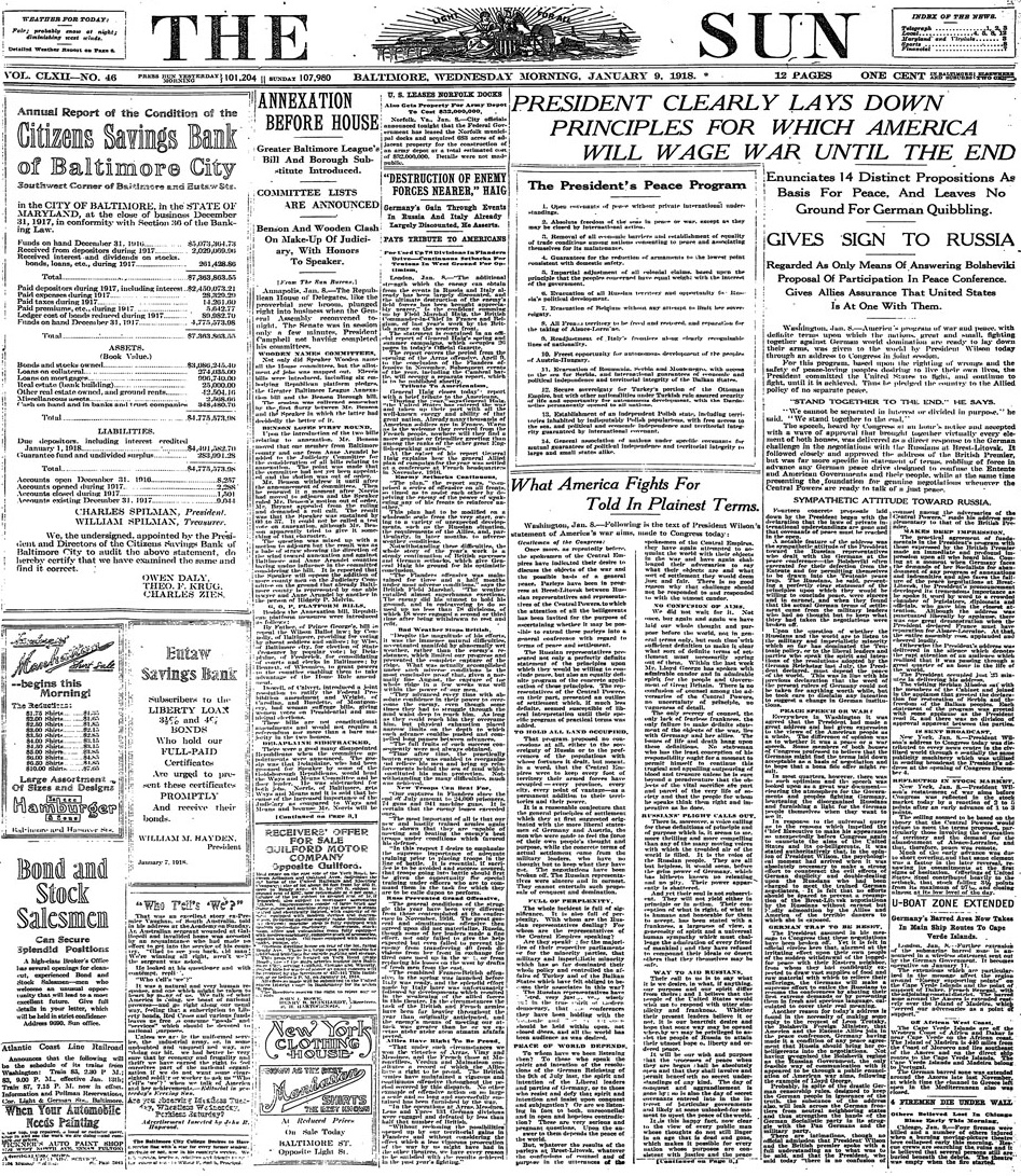 January 9 1918 President Woodrow Wilson 14 Points