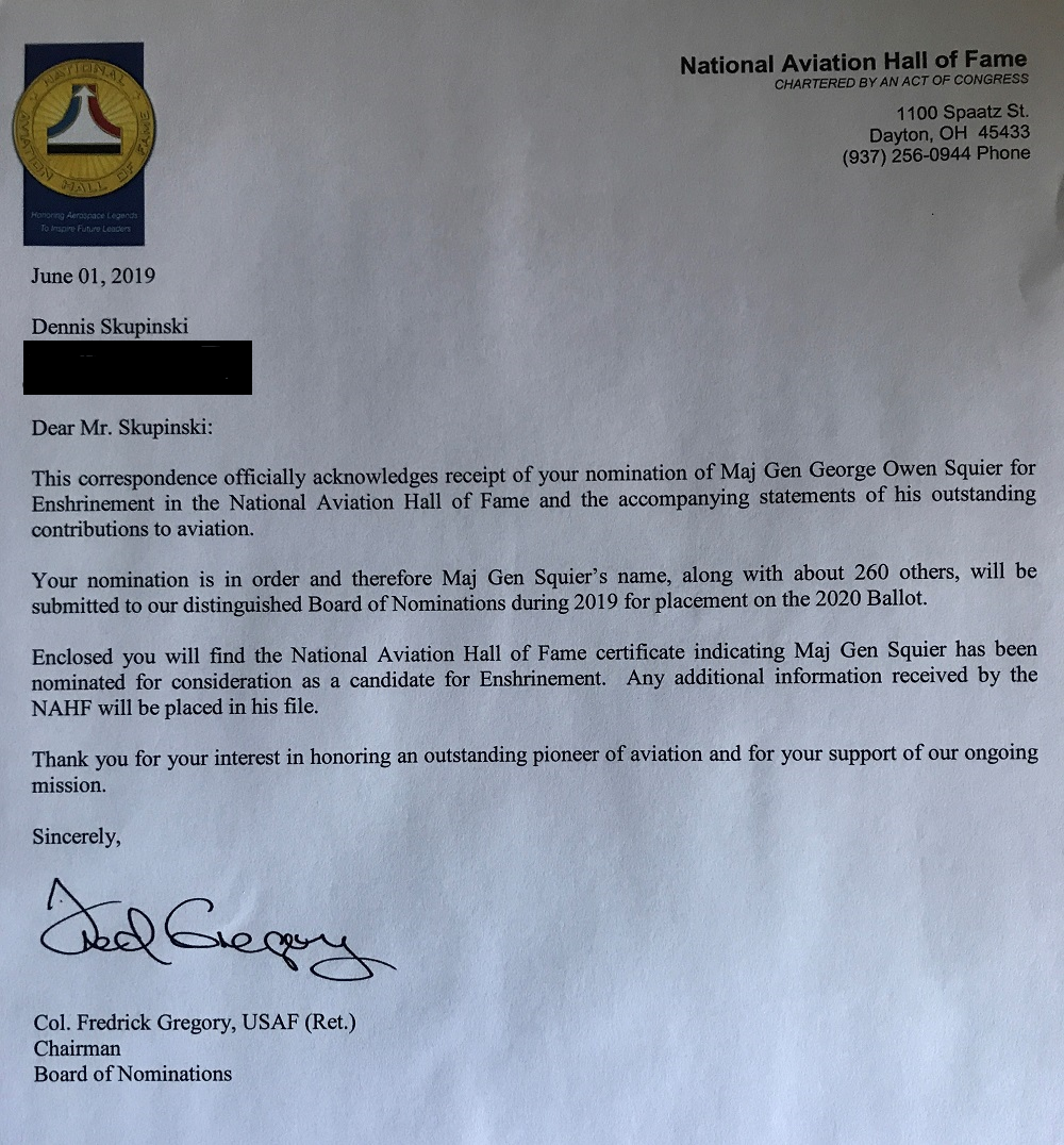 M.G. George O. Squier National Aviation Hall of Fame response letter