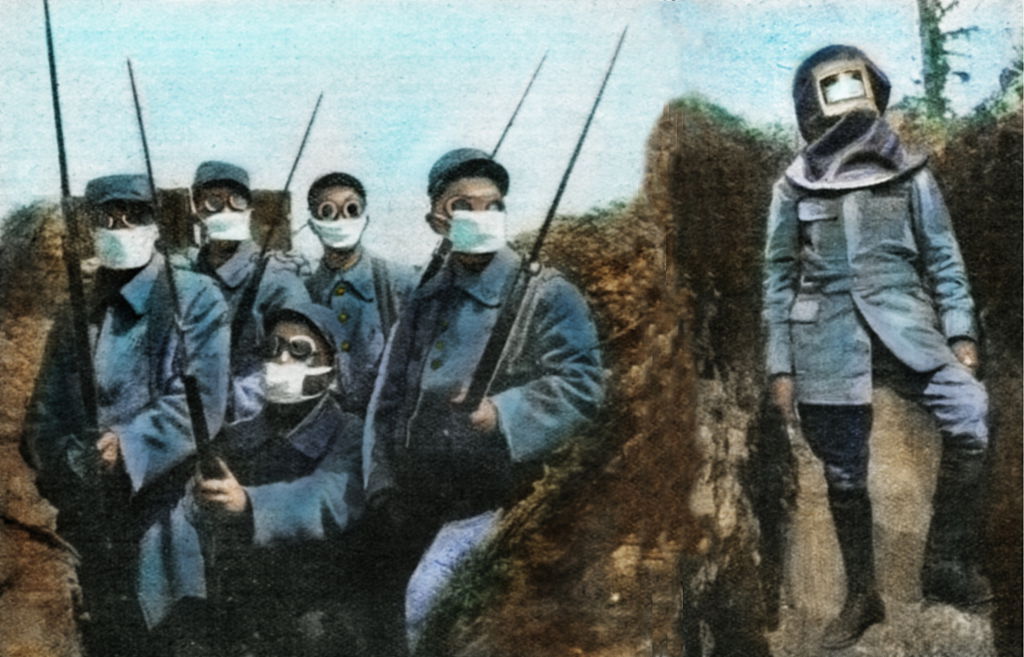 French soldiers arrayed in gargoyle guise. French soldiers wearing anti-poison gas mask and respirators while expecting an attack under cover of gas cloud. (Photo by: SeM/Universal Images Group via Getty Images)