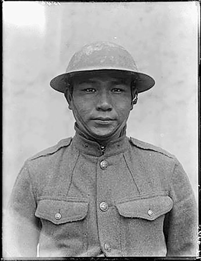 Private 1st Class John Elk of Standing Rock Reservation in 1919 served in Company D, 139th Infantry Regiment (35th Division), with several other Native servicemen from tribes in North Dakota. Elk has been posthumously recognized as a code-talker in World War I. His commanding officer said he was an “exceptionally good scout, was very cool and calm but very quiet.” From “Warriors in Khaki,” by Michael and Ann Knudson. Photo from British National Archives.