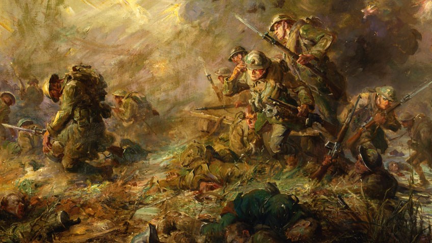 Marines carried their newly issued M1918 Browning Automatic Rifles during their assault across the Meuse River on the last night of the war, Nov. 10-11, 1918. The eagle, globe and anchor insignia that some Marines wore on their helmets denotes them as “Devil Dogs”— a translation of “Teufelhunden” (or, more correctly, “Teufelshunde”), the sobriquet bestowed on them by their German adversaries, according to Marine Corps lore.