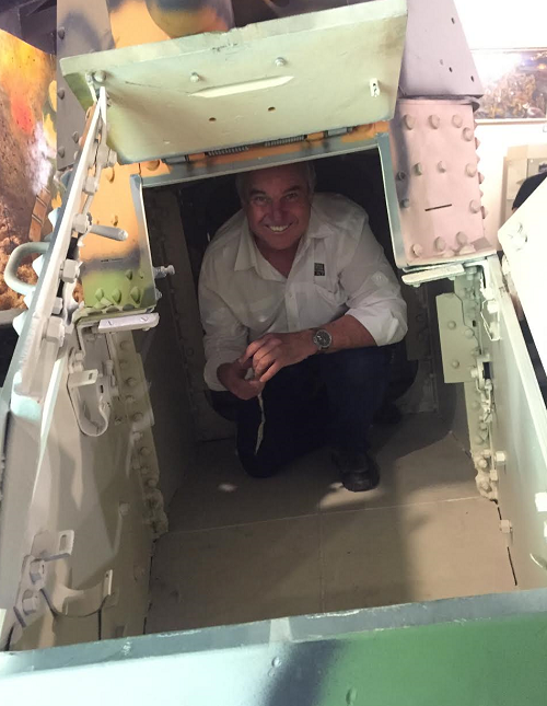 Dr. Patrick R. Jennings pictured inside the 2-man crew compartment of the Renault FT-17 tank during an inspection. (U.S. Army Photo)