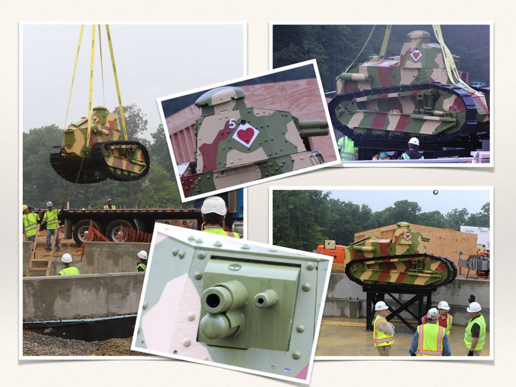 Collage of the "Five of Hearts" tank being placed at the site of the National Museum of the United States Army.
