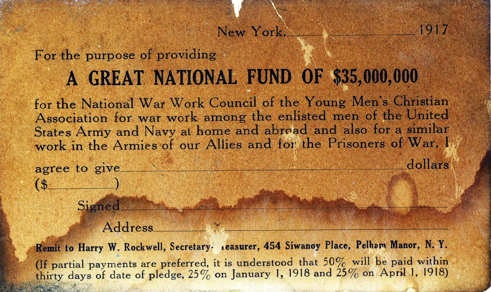 1917 WWI Pledge Card Pelham NY Obverse
