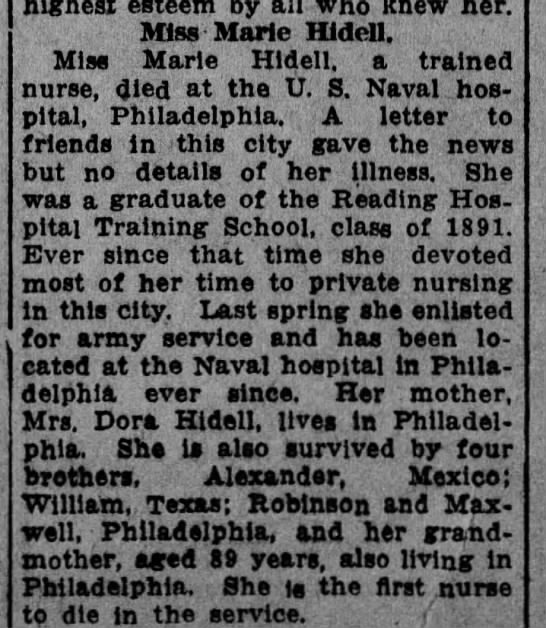 Marie Louise Hidell obituary in the last line it reads first nurse to die in service