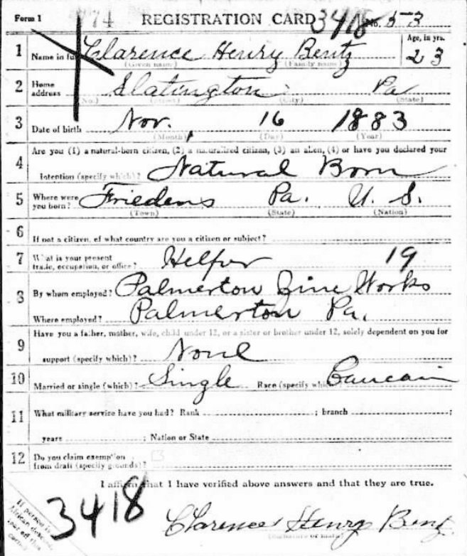 Clarence H Bentz draft card 1