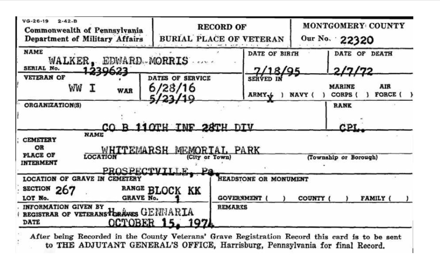 Edward Morris Walker Record of Burial Place