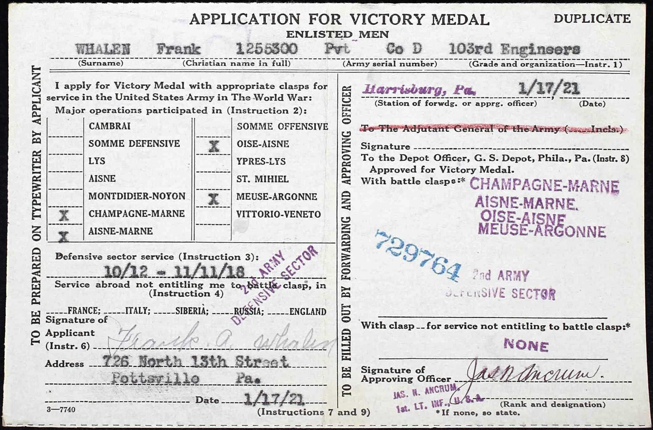 FA Whalen WW 1 Victory Medal Application
