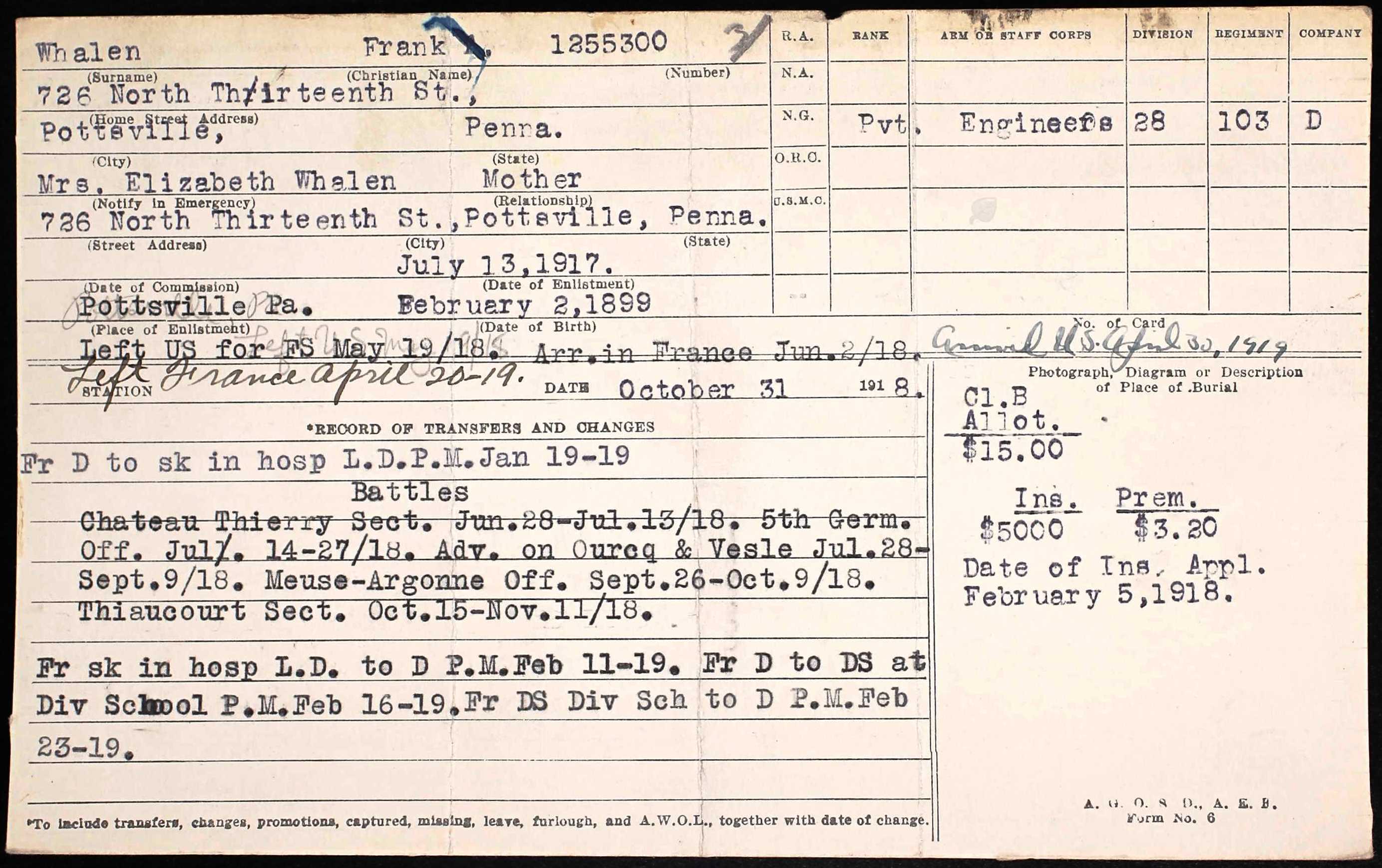 F Whalen WW1 Service Record