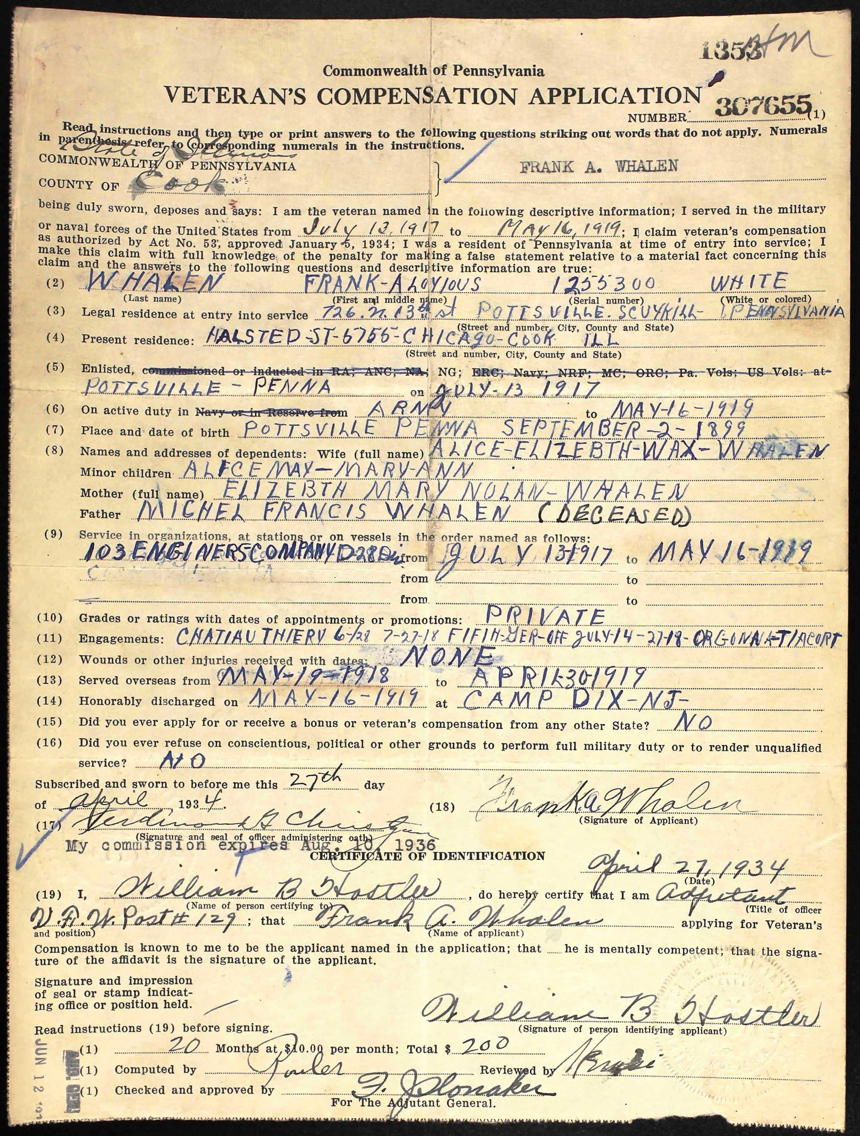 Frank Whalen Bonus Army Application