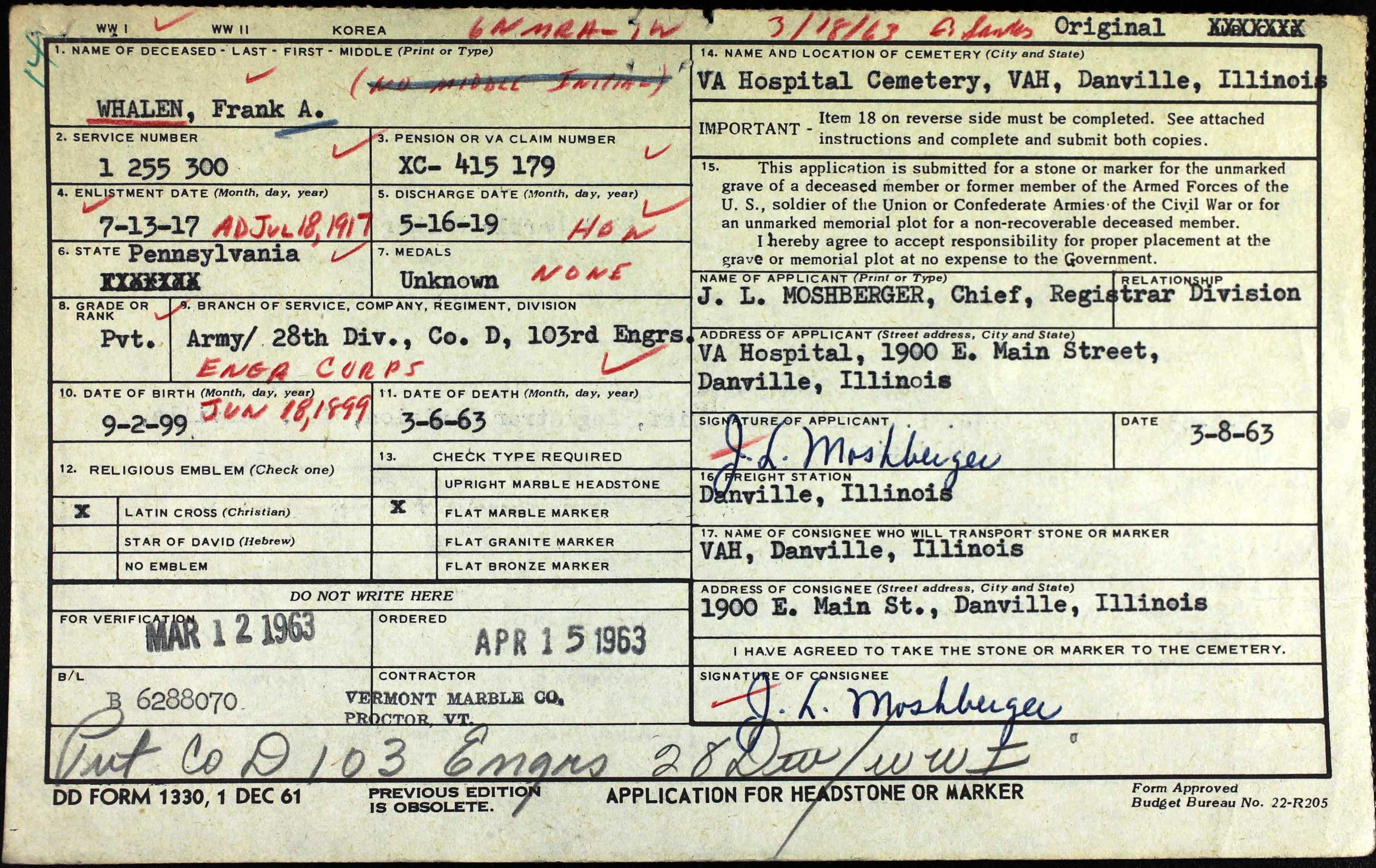 Frank Whalen VA Headstone Application