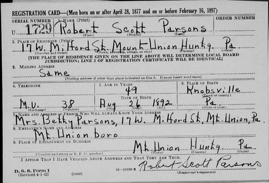 Robert Scott Parsons Draft WW2 1