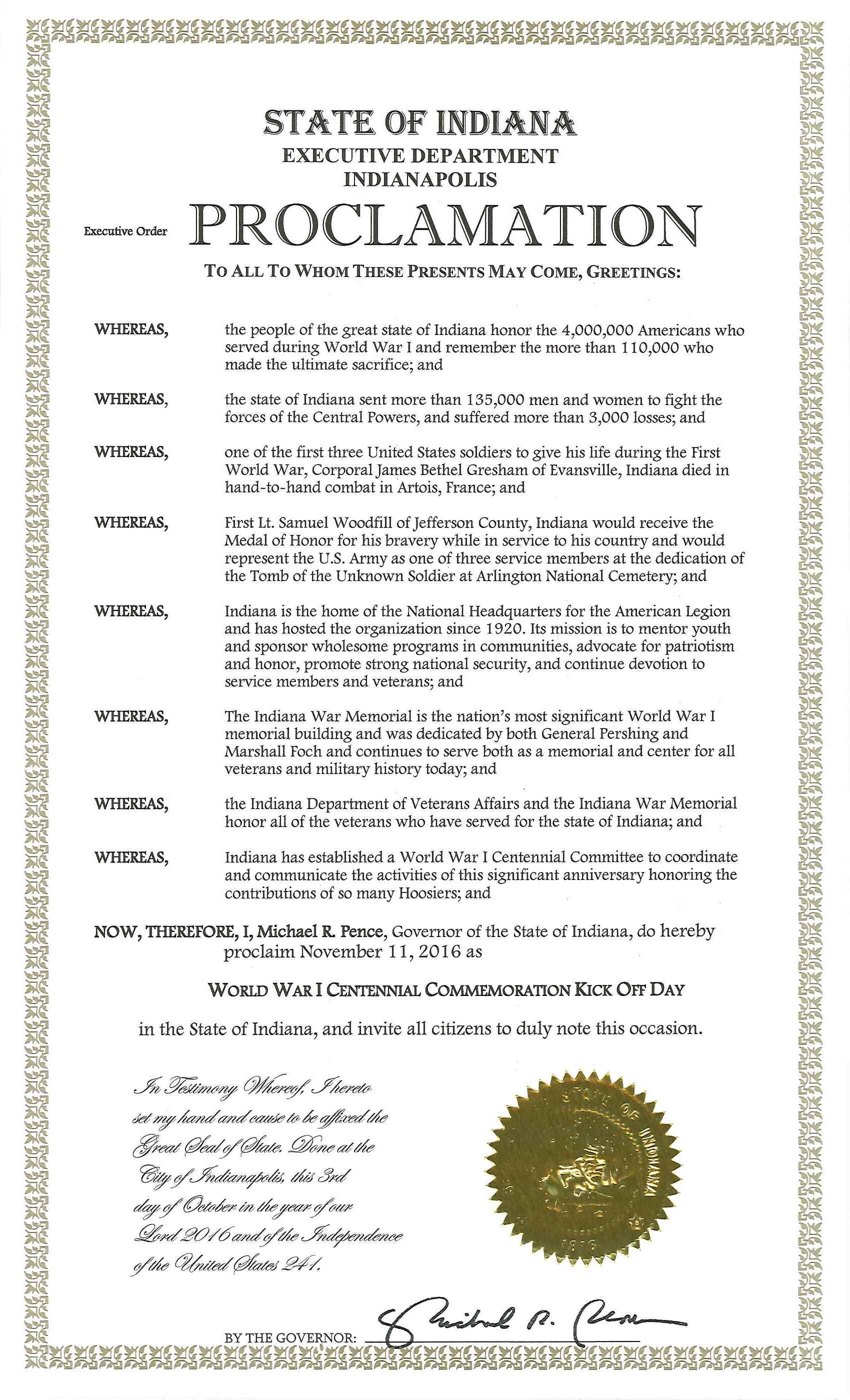 Proclamation World War I Centennial Commemoration Kick Off Day 2016