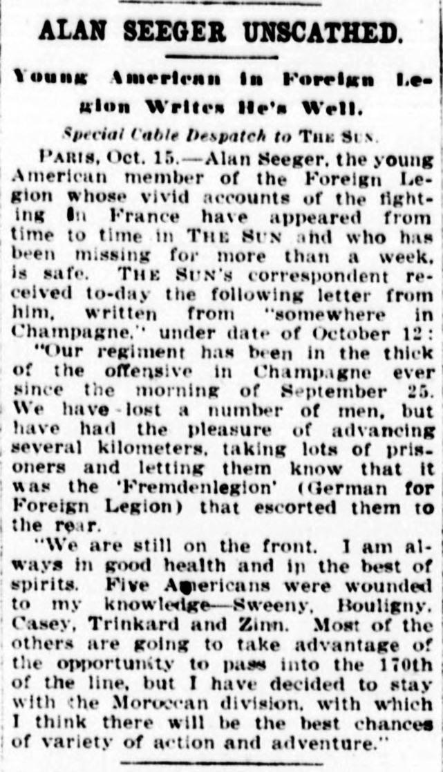 Alan Seeger Unscathed New York Sun October 16 1915