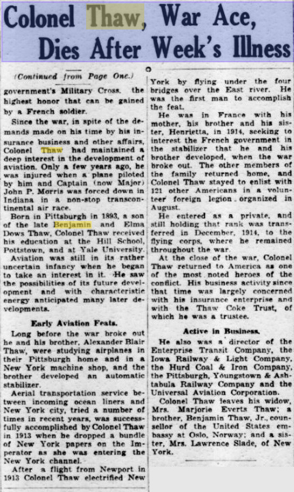 Colonel Thaw War Ace Dies After Weeks Illness Pittsburgh Post Gazette April 23 1934