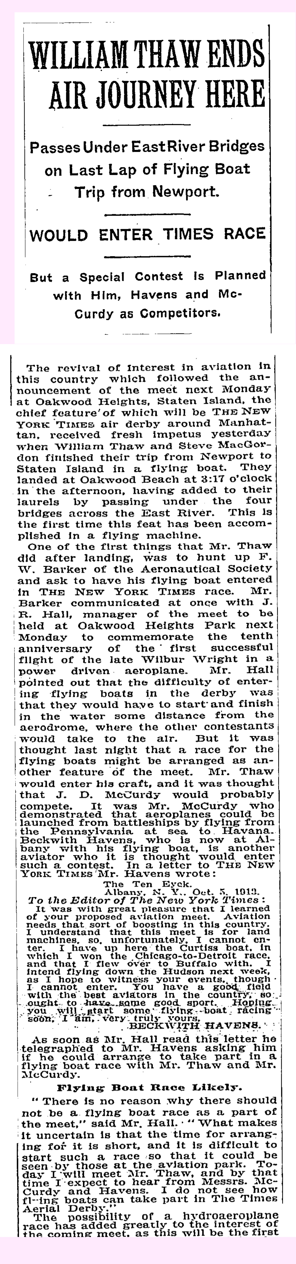 William Thaw End Air Journey Here Passes Under East River Bridges on Last Lap of Flying Boat Trip from Newport New York Times October 6 1913
