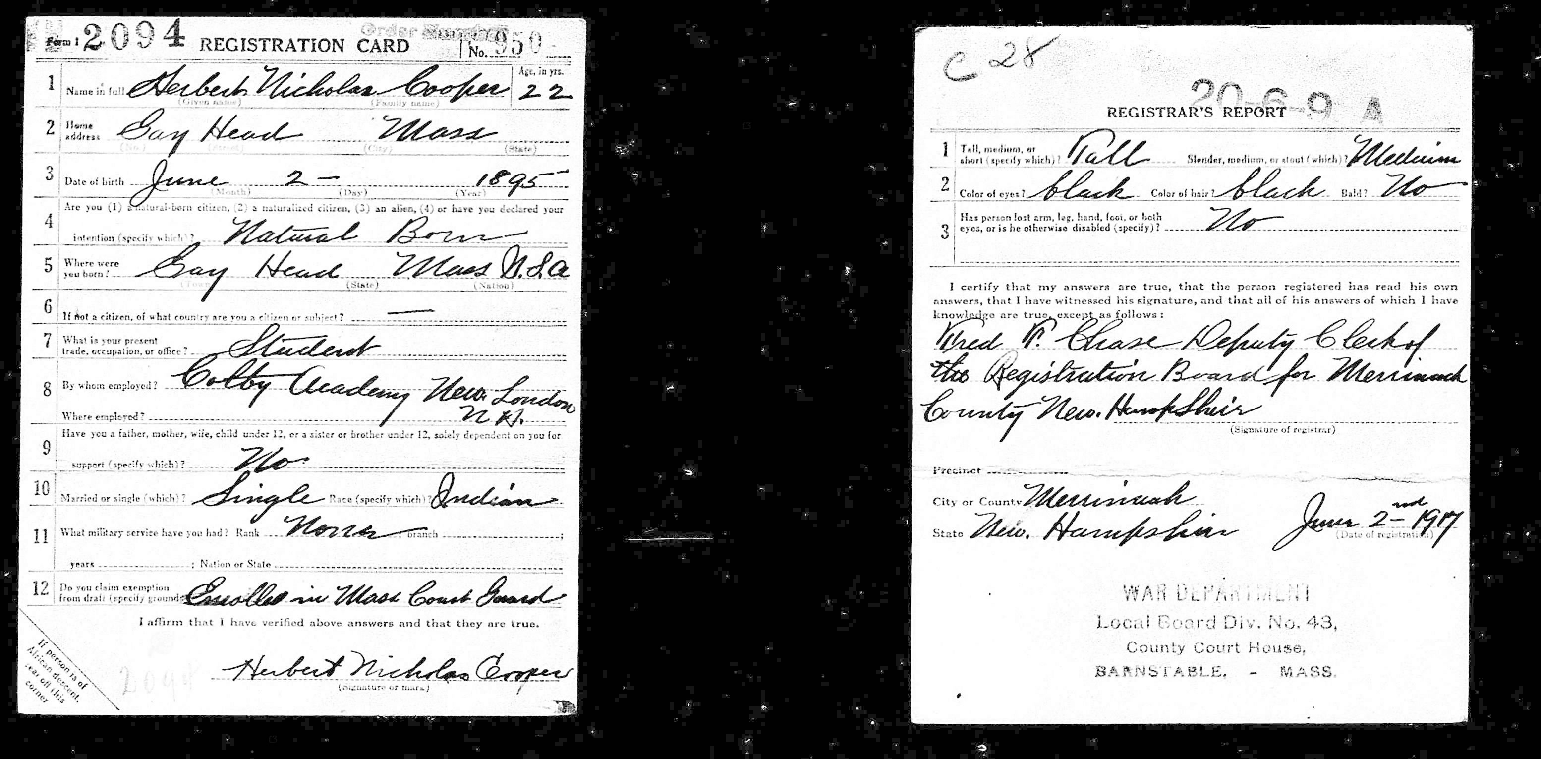 Herbert Cooper (Wampanoag) draft registration card Herbert Cooper (Wampanoag) draft registration card