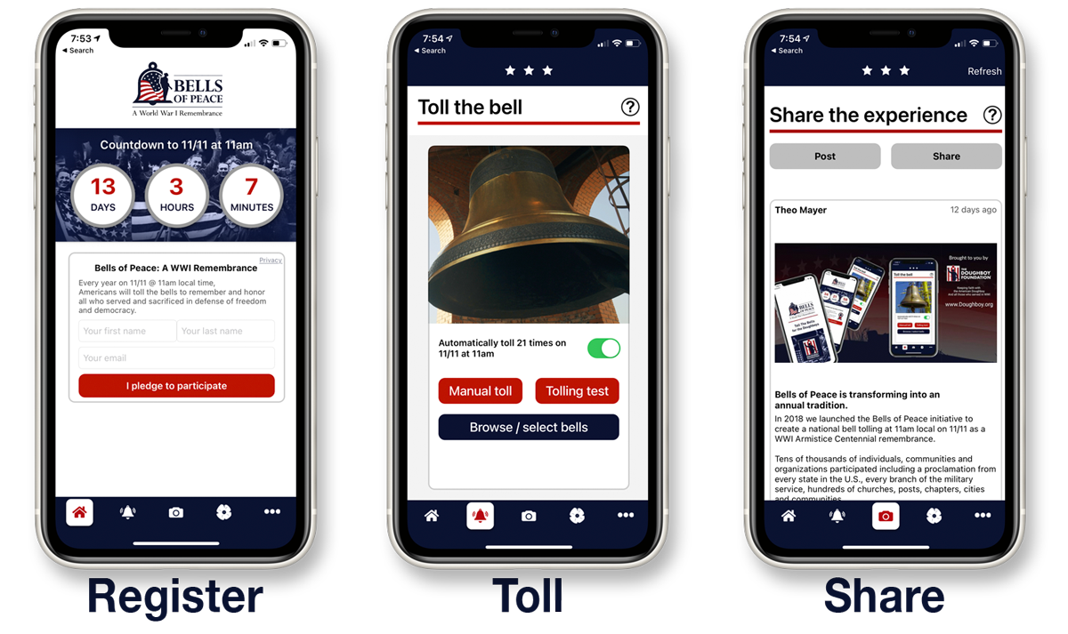 Bells of Peace App three key screens: Register, Toll and Share