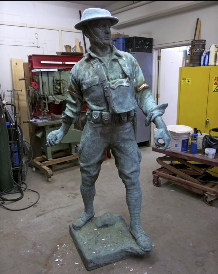   In this March 30, 2016 photo provided by NYC Parks, the World War I Highbridge Doughboy statue is repaired at the NYC Parks monument repair facility in the Brooklyn borough of New York. World War I monuments nationwide have been forgotten about and fallen into disrepair. The centennial of America’s involvement in World War I has drawn attention to the state of disrepair of many monuments honoring soldiers, galvanizing efforts to fix them. (NYC Parks via AP)
