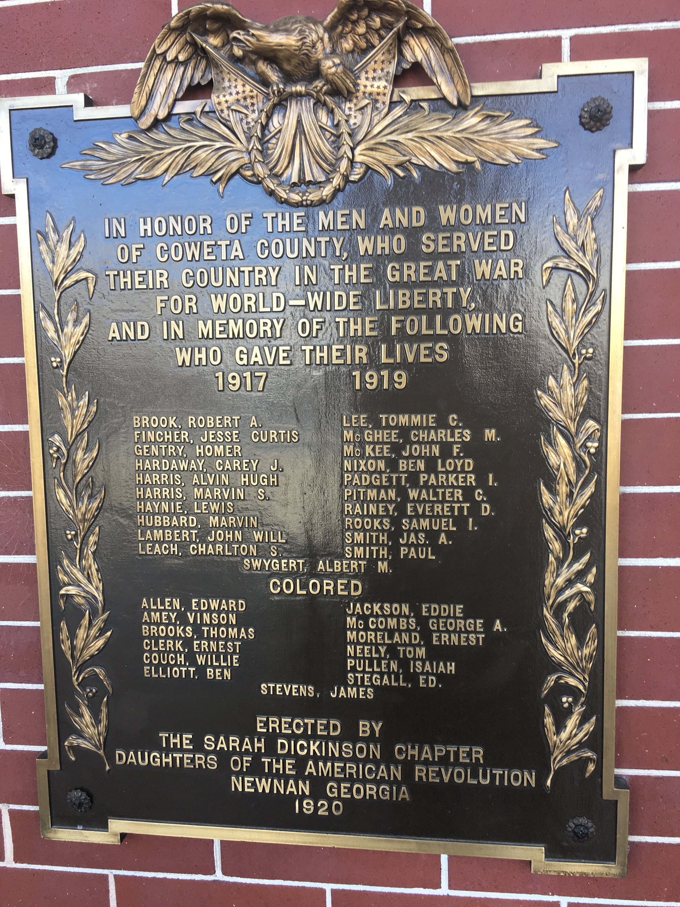 Zoom on the image : Coweta Co. - Newnan - WW1 Memorial Plaque