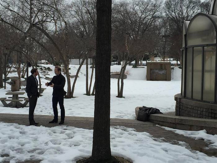 Joe Weishaar and Sabin Howard talk at the Pershing Park site