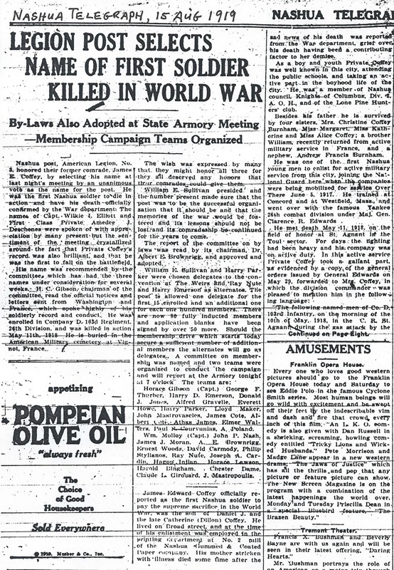 1919 Aug 15 Telegraph LEGION POST SELECTS NAME OF FIRST SOLDIER KILLED IN WORLD WAR