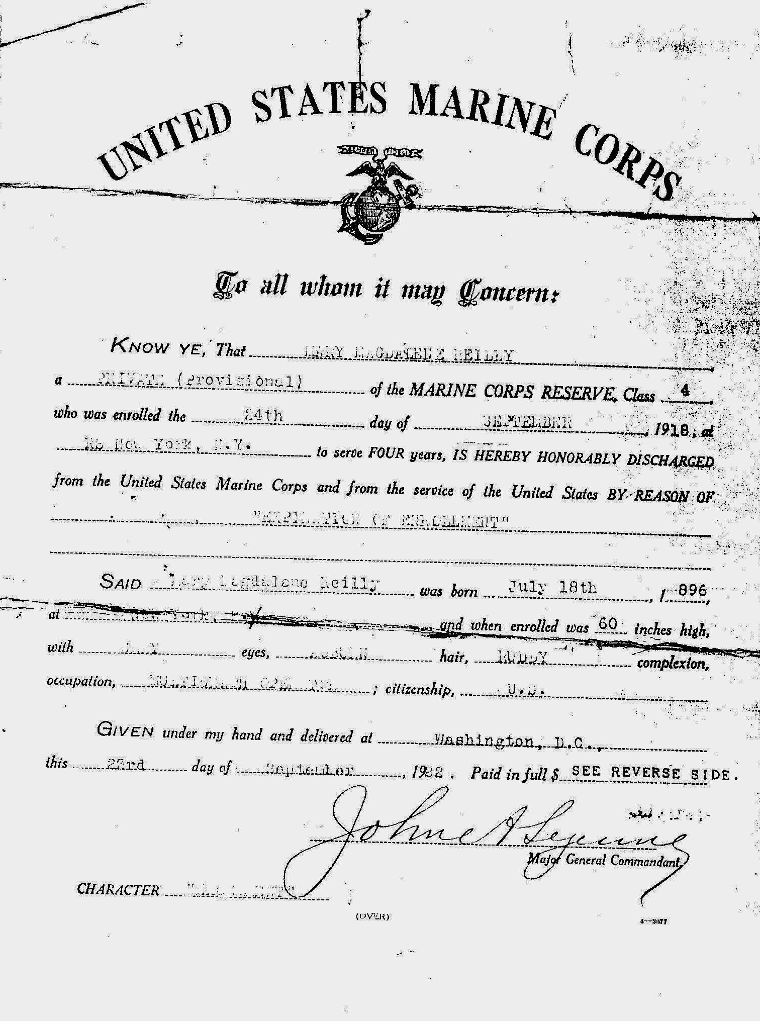 Mary Magdalene Reilly USMC Discharge papers
